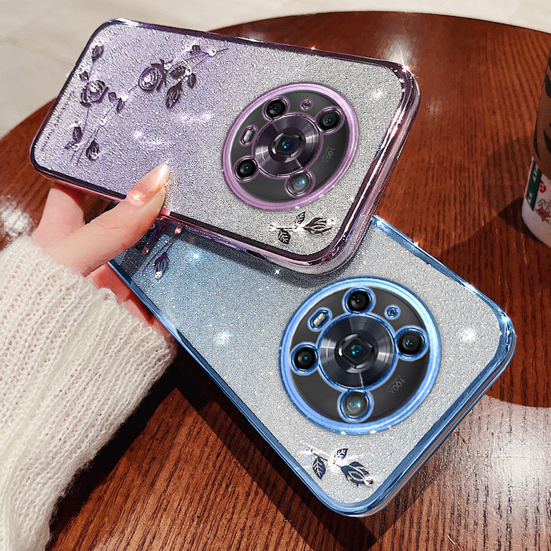 For Honor Magic4 Pro 5G Gradient Glitter Powder Soft TPU Anti-drop Cover Rhinestone Decor Flower Pattern Protective Case For Honor Magic4 Pro 5G Gradient Glitter Powder Soft TPU Anti-drop Cover Rhinestone Decor Flower Pattern Protective Case